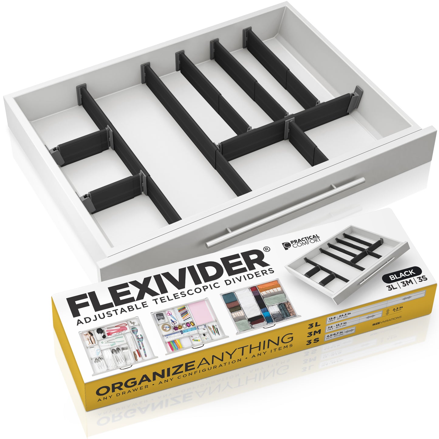 9 מחלקי מגירה מתכווננים מאלומיניום, שחור (3L+3M+3S)