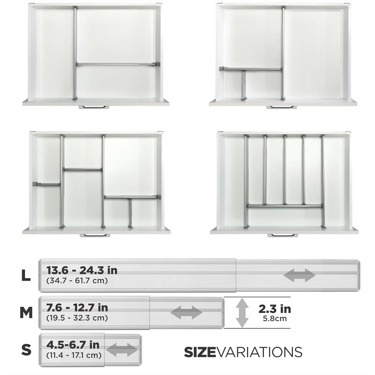 9 מחלקי מגירה מתכווננים מאלומיניום, כסף (3L+3M+3S)